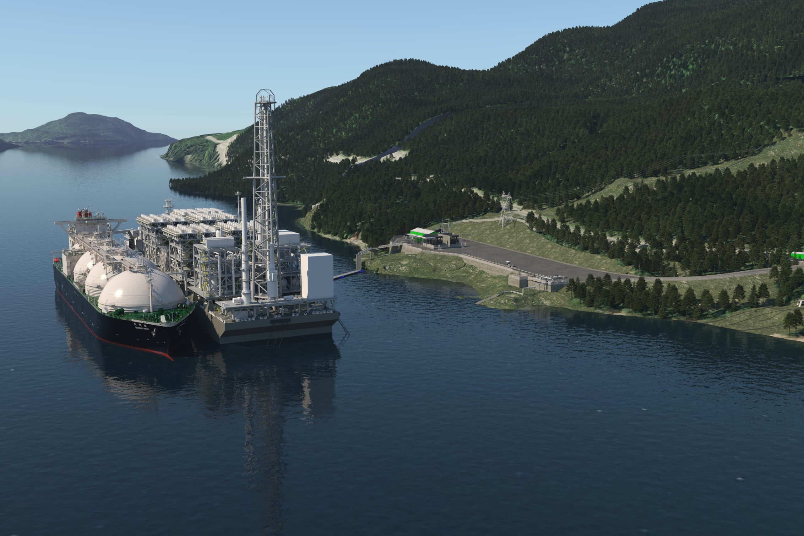 Cedar LNG artist's rendering - View looking south from above Douglas Channel towards the proposed facility and docked LNG carrier; Source: Cedar LNG