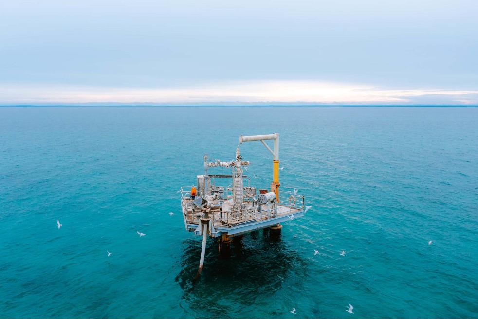 Offshore gas installation surrounded by water