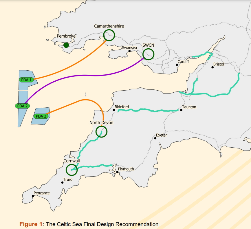 A map of ESO's recommended network design for Celtic Sea floating wind