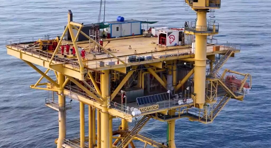 A zoomed-in view of an offshore gas platform