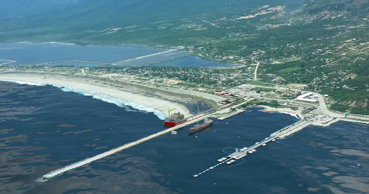 Artist’s rendering of an LNG terminal on the coast featuring two jettys