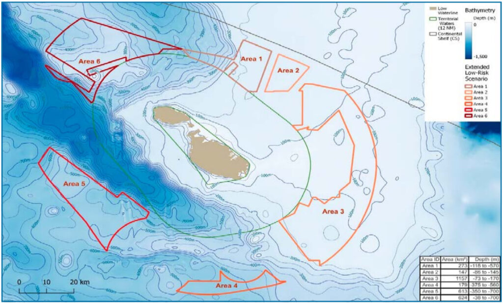 A map of the initial six potential areas offshore Malta identified for floating wind development 