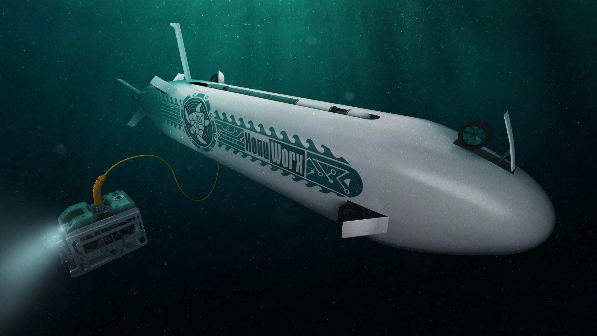 Graphic of HonuWorx’s “Loggerhead” autonomous submarine technology, deploying an ROV for underwater inspection, maintenance, and repair work.