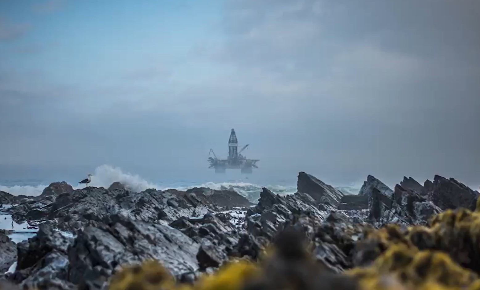 A view of the seaside with rocks and a seagull in the foreground and an offshore platform in the background