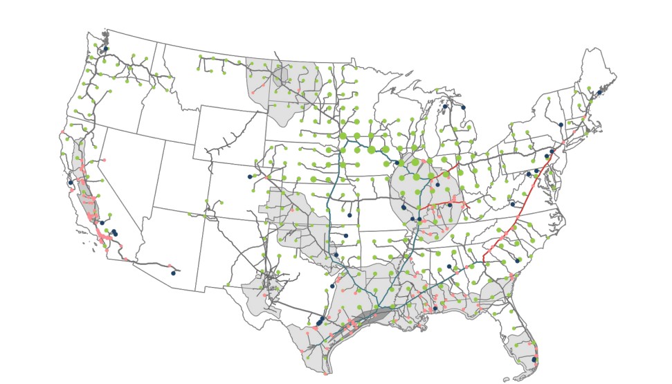 Illustrated map of USA featuring potential carbon capture and storage infrastructure