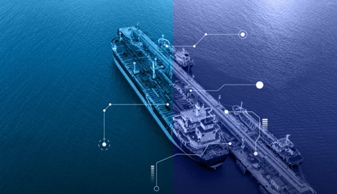 An illustration of a vessel at dock featuring digital technology elements