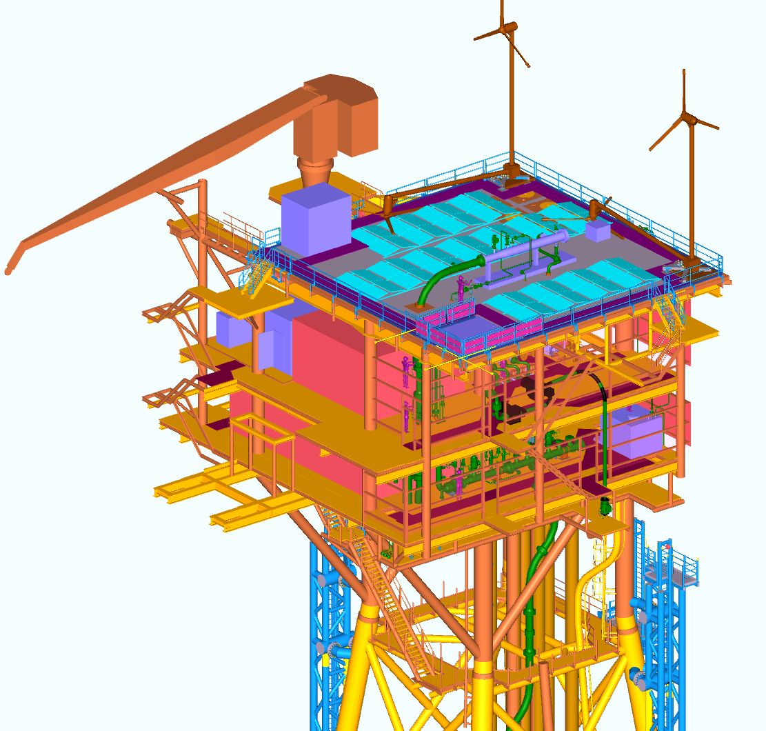 Design of the P18-A platform, unmanned and equipped with solar panels and wind turbines; Credit: KCI Engineers