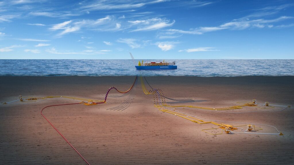 An illustration of a vessel linked to subsea infrastructure