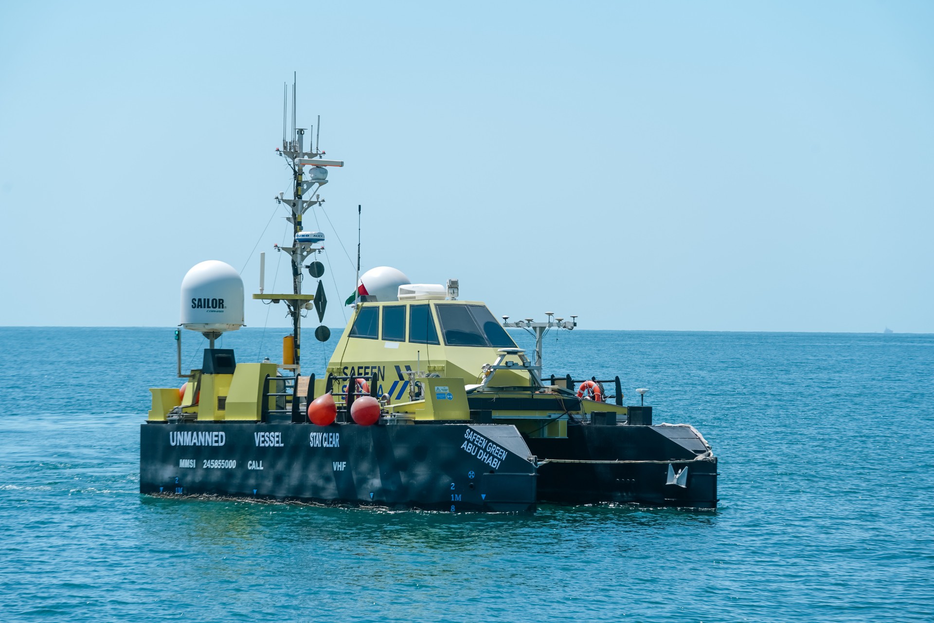 SAFEEN Green, a remotely operated unmanned vessel (USV) that operates entirely on renewable electric power or biofuel.