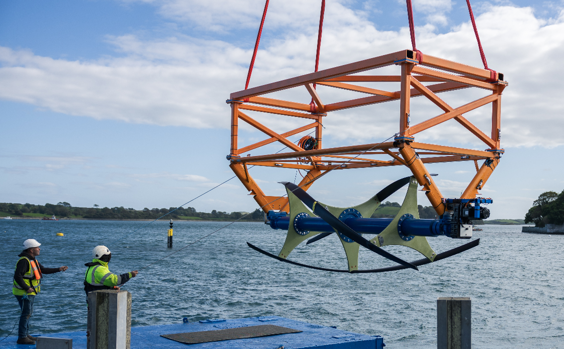 ORPC cross-flow turbine being readied for installation at the Queen’s Marine Laboratory (QML) Tidal Test Site in Strangford Lough, Northern Ireland by Cuan Marine Services (Image courtesy of ORPC)