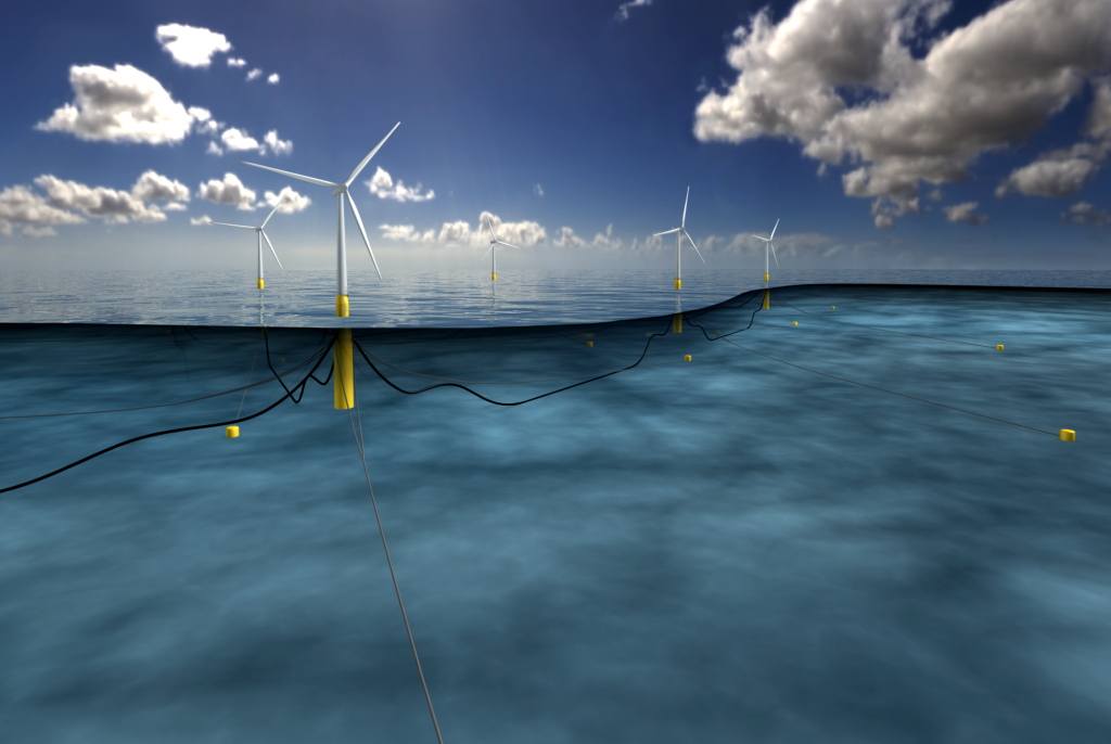 A visualization of the now-operational Hywind Sctoland floating wind farm with mooring and cables shown