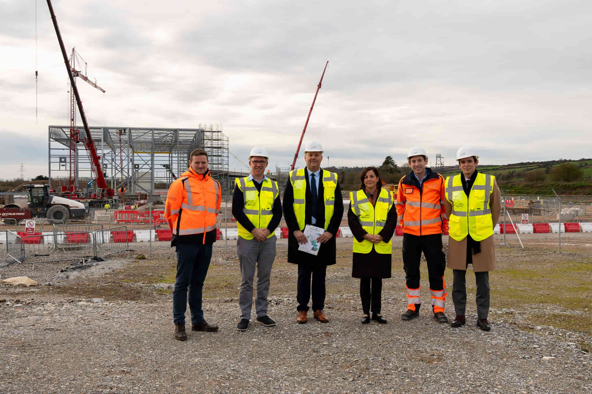 Céline Place, Ambassador of France in Ireland visiting the Celtic Interconnector project in Cork; Pictured L-R: Ed Raffle, Celtic Interconnector team, Pádraig Slyne, EirGrid, Josselin Le Gall, Alliance Française de Cork, H.E. Céline Place, Shane Cooney, Celtic Interconnector team, Maxime Augé, French Embassy in Ireland at the converter station site in Ballyadam, east Cork; Source: EirGrid