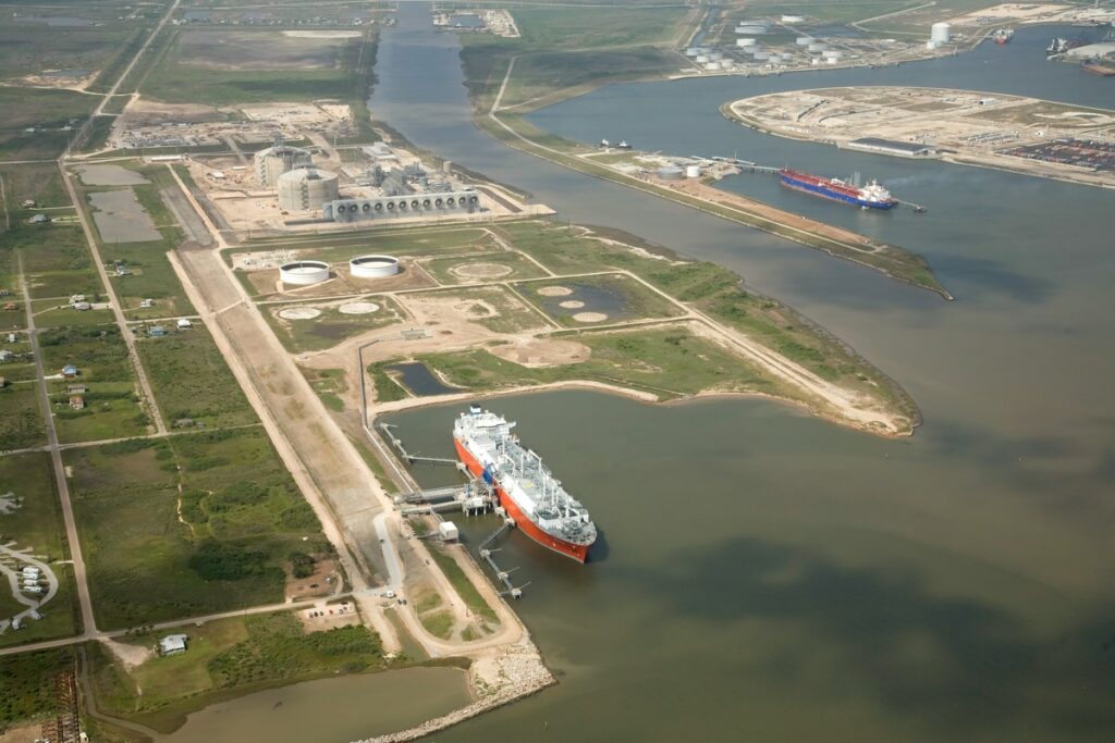 An aerial view of the Excelsior ship docked at Freeport LNG terminal; Courtesy of Freeport LNG