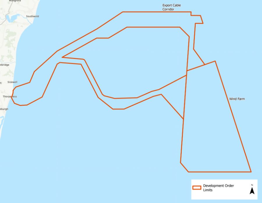 An image showing East Anglia Two array and export cable corridor boundaries on a map