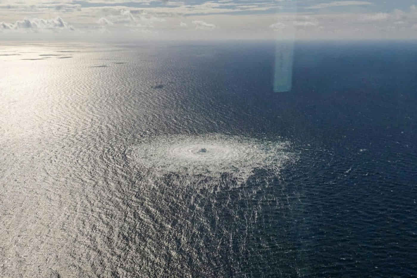 Gas leak at Nord Stream 2 pipeline as seen from a Danish F-16 interceptor near Bornholm, Denmark on 27 September 2022.