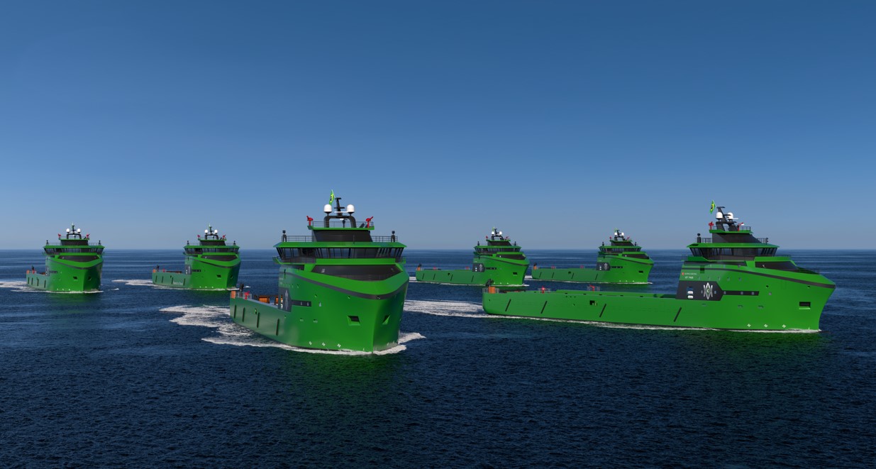 A rendering of multiple platform supply vessels at sea