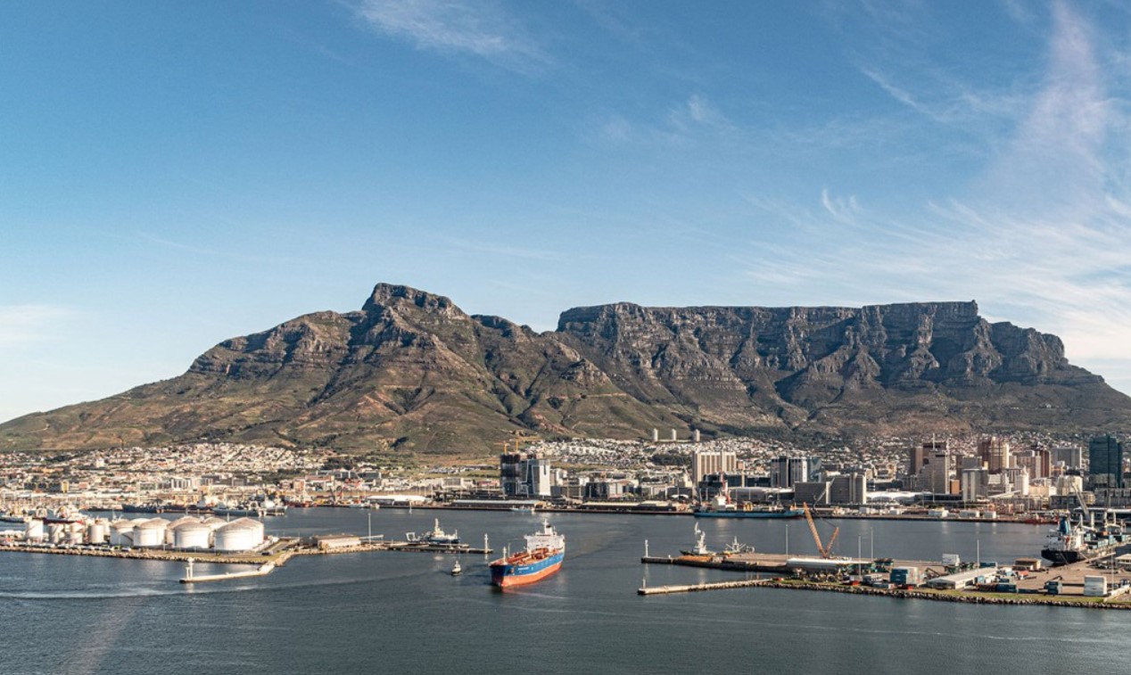 View of a port with a mountain in the background