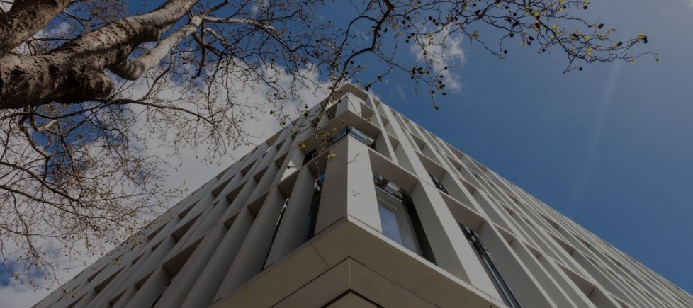 Corner of a building viewed from below