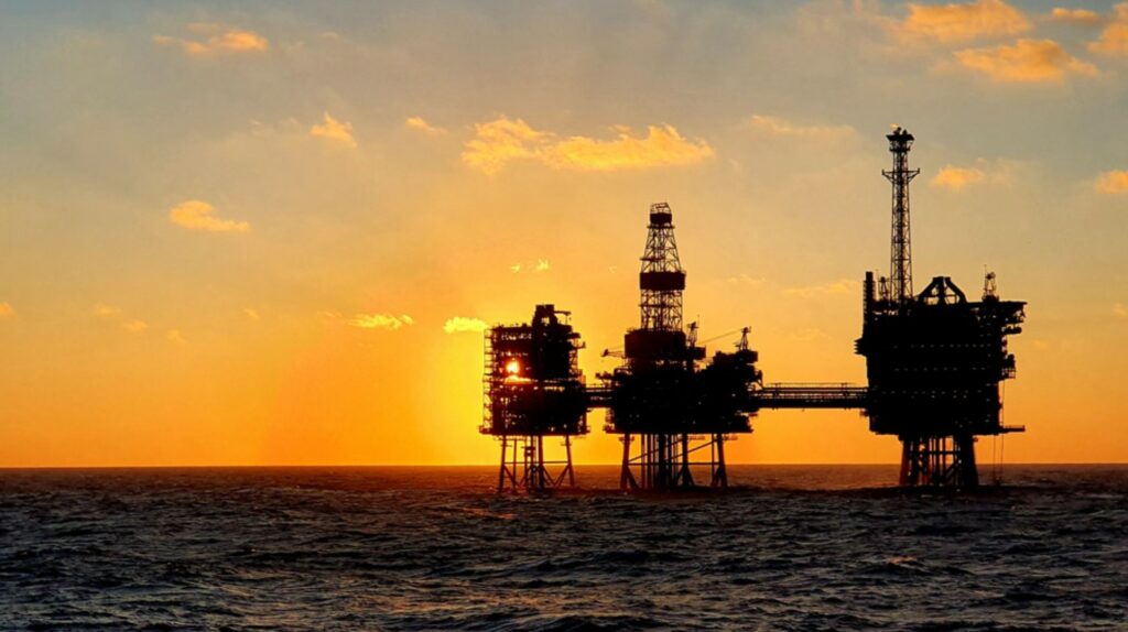 Offshore platforms at sunset