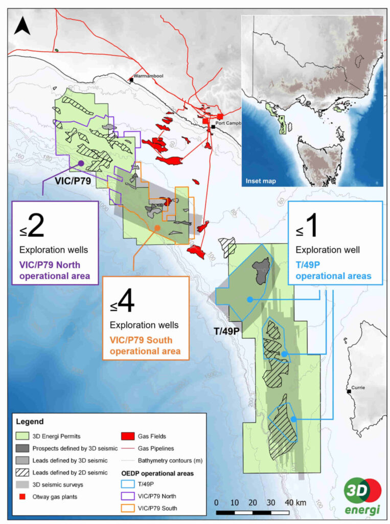 VIC/P79 and T/49P exploration permits and OEDP operational areas; Source: 3D Energi