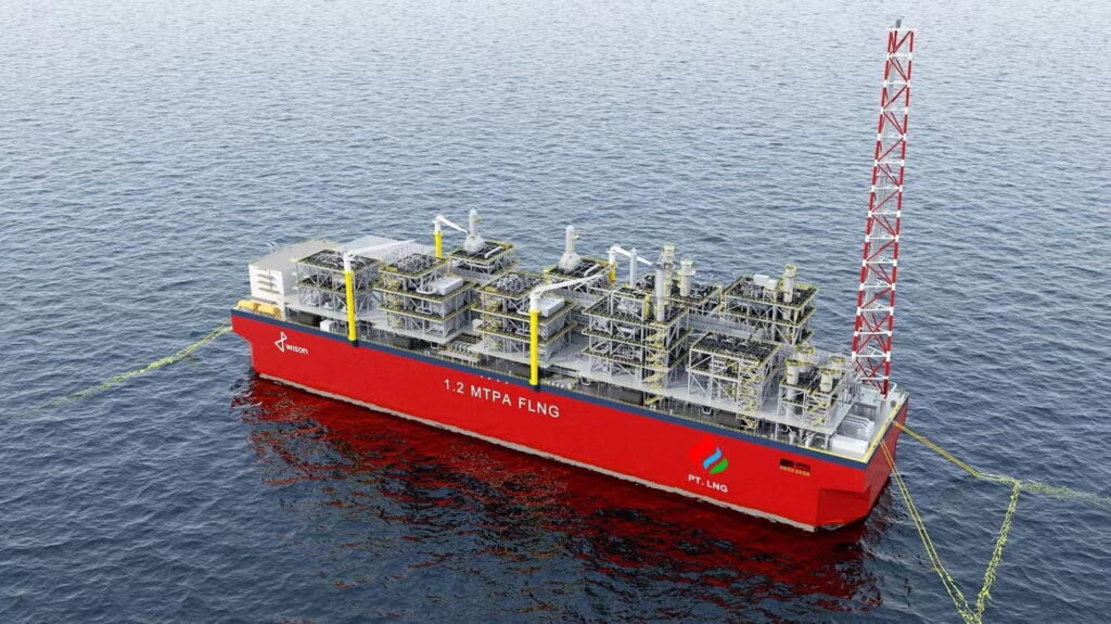 A rendering of a floating liquefied natural gas facility