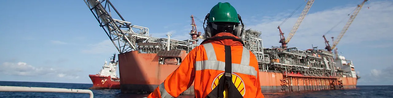 A man seen from behind looking at a large vessel at sea