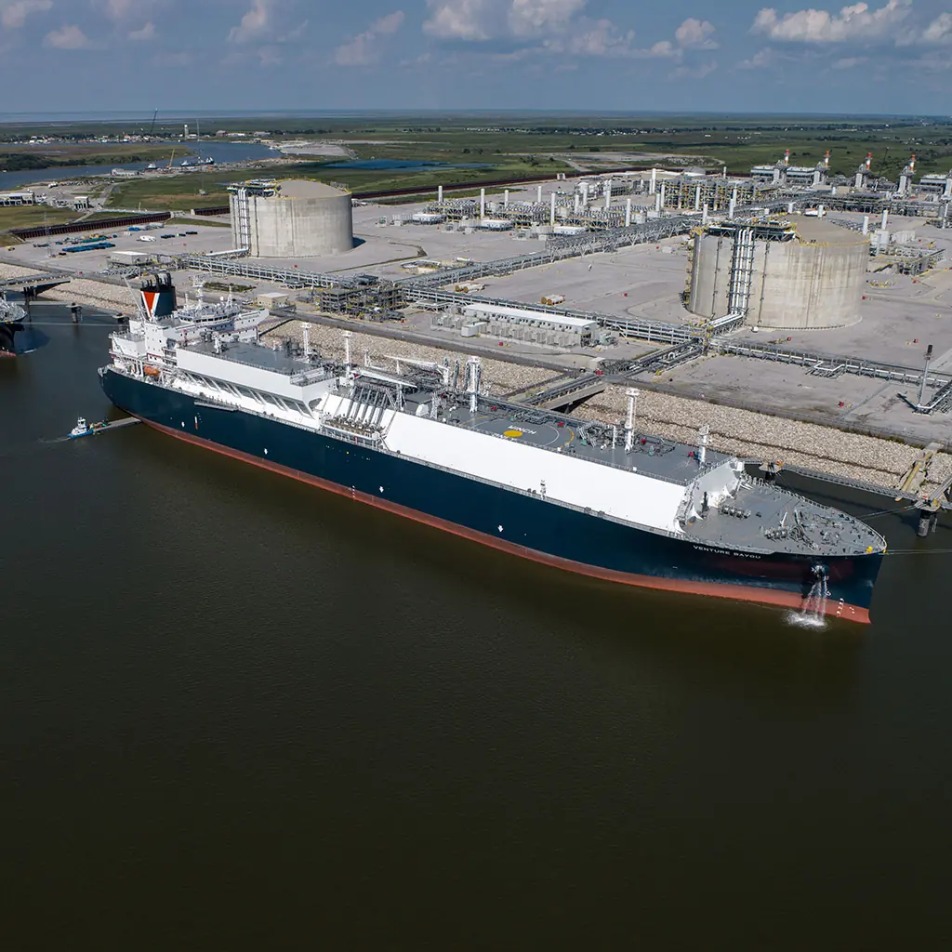 An LNG terminal with a tanker at dock